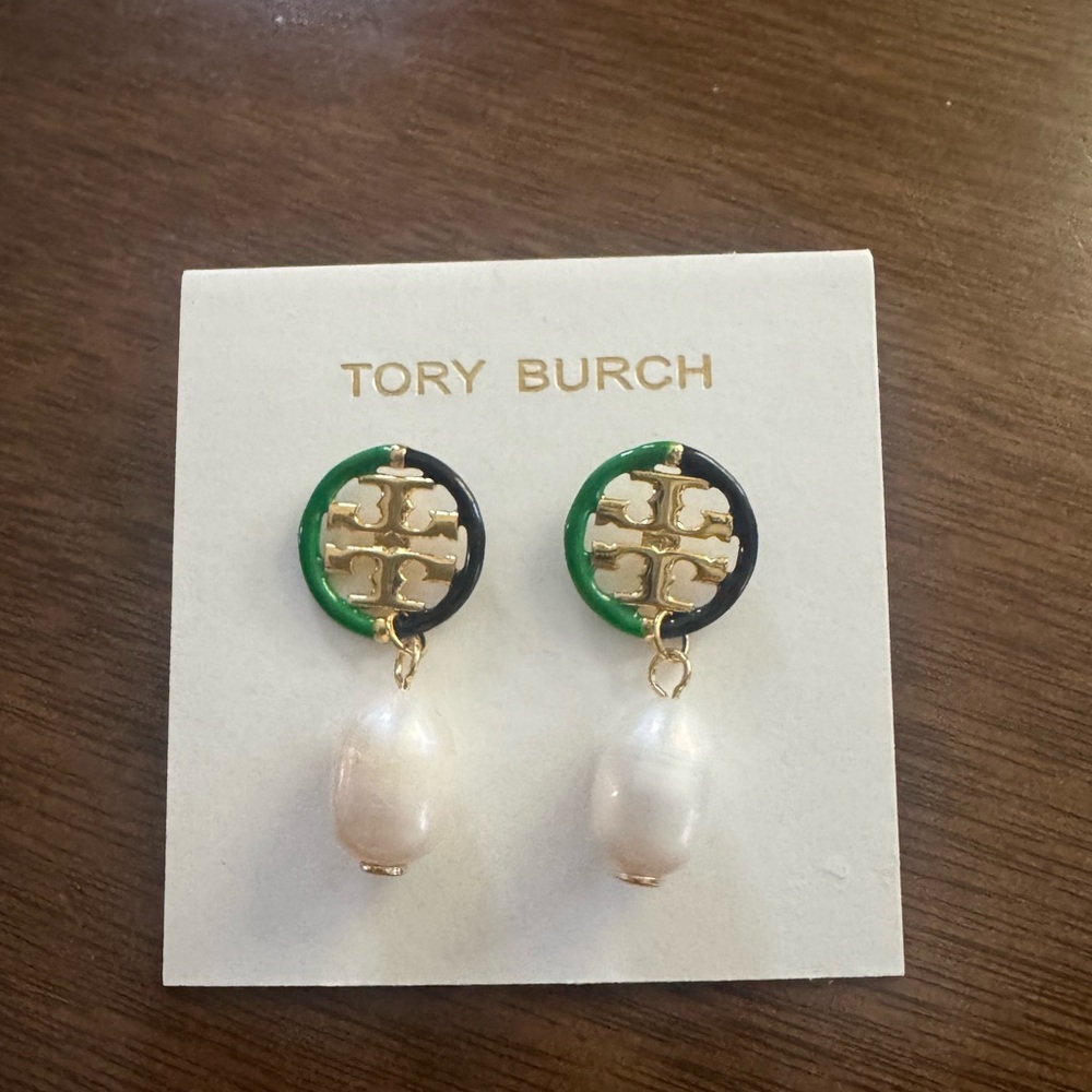 Tory Burch Navy Green Pearl drop earrings $129 NEW